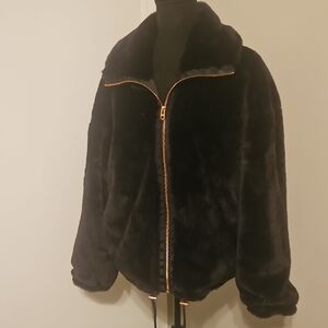LUCKY BRAND Black Faux Fur Jacket with Rose Gold Zipper. Size M